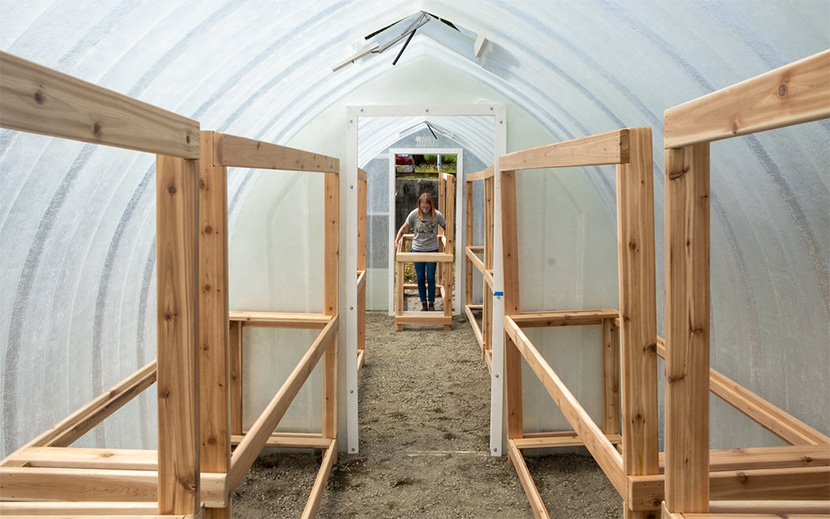 The interior of the greenhouse is outfitted with rows of plant racks on either side of a central circulation aisle.