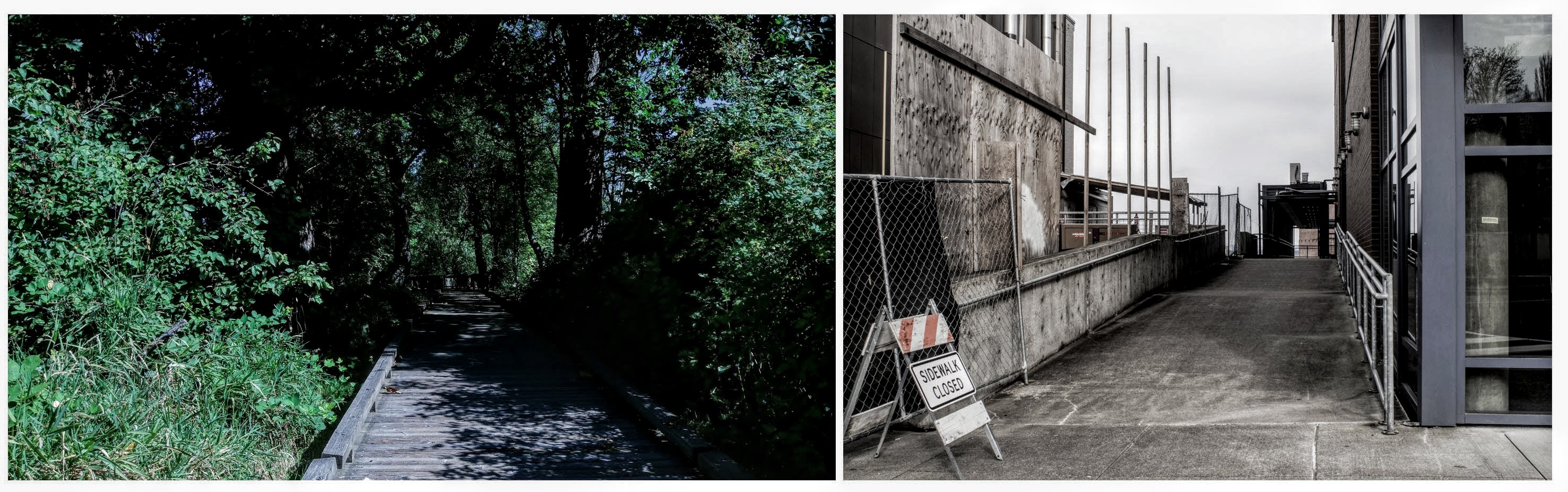 An image of a wooden board walkway extending into a forest is juxtaposed next to an image of a concrete walkway extending between two buildings.