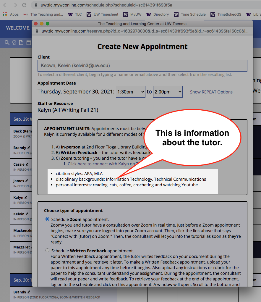 image shows location of tutor biographical information in appointment window