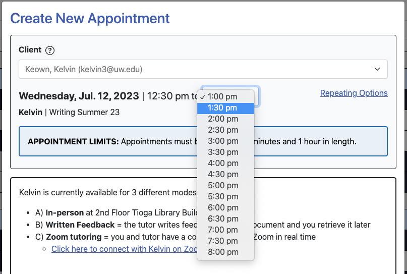 image showing how to make an appointment 1 hour