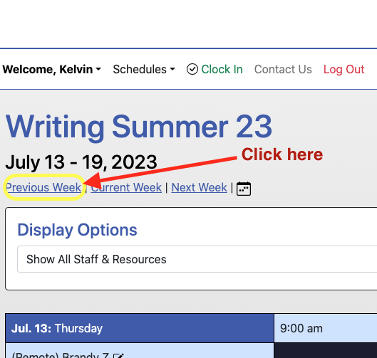 image showing where to click for past schedule weeks