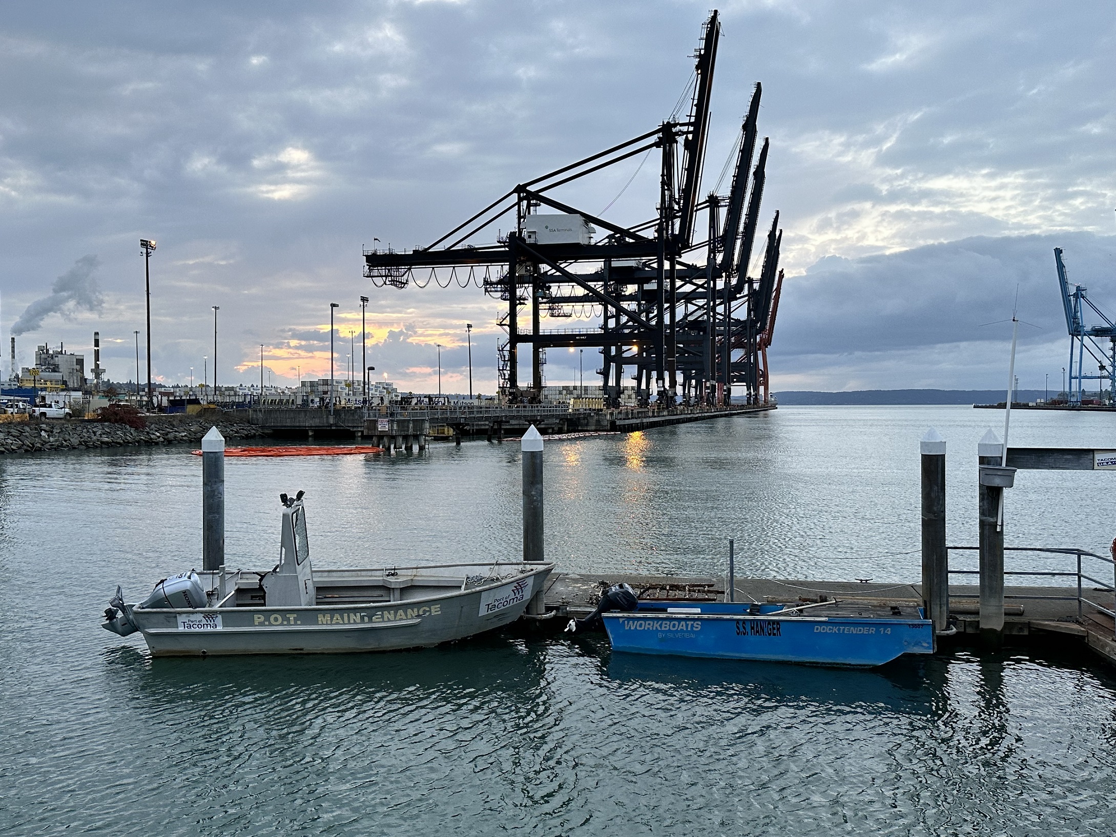 Two Port of Tacoma workboats are docked along the Sound in Tacoma.