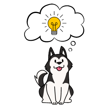 black and white dog with thought bubble containing yellow lightbulb