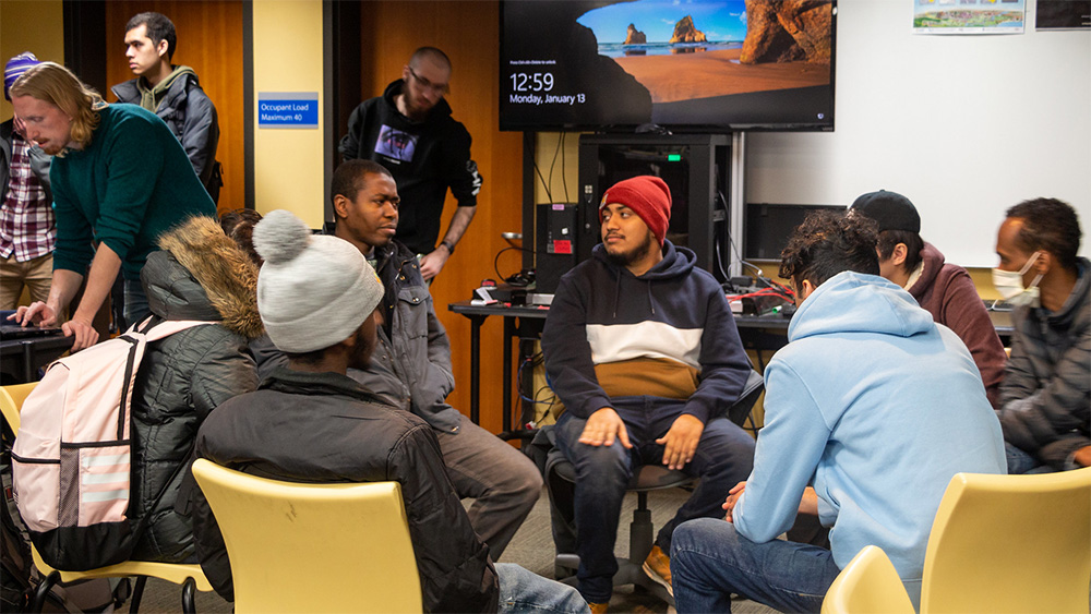 Members of the UW Tacoma University Rover Challenge team at a planning meeting in January 2020.