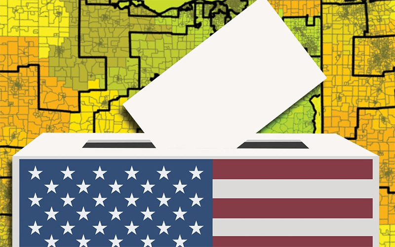 Ballot box with state district map in background