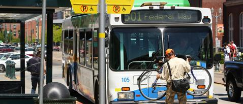 Pierce Transit bus stopping on Pacific Avenue at UW Tacoma campus