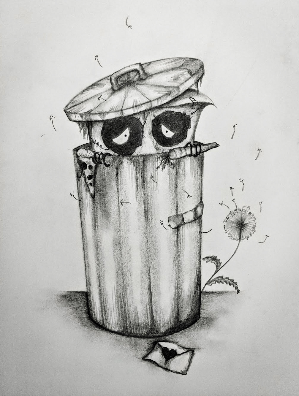 IMAGE: An anthropomorphic paper bag peeks out of a trash can. The bag holds a carrot in one hand and a slice of pizza in the other. A dandelion seedhead sprouts from the ground spraying seeds into the air. A letter sits on the ground, sealed with a valentine-shaped sticker.