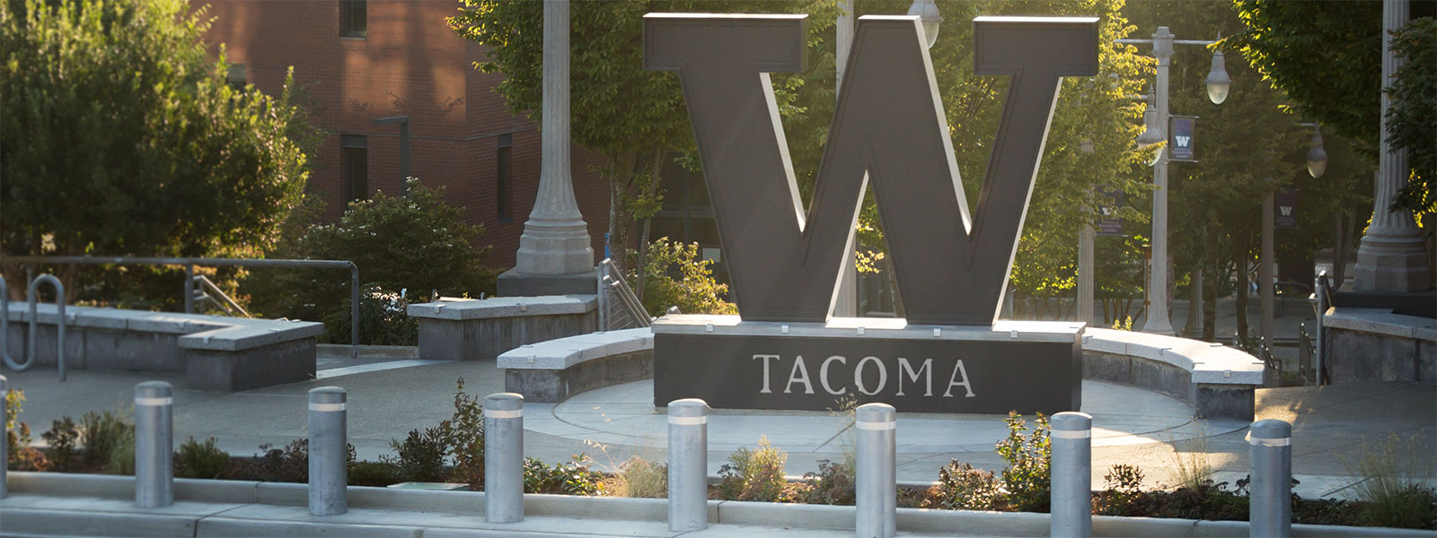 View of steel W at top of Grand Staircase on UW Tacoma campus