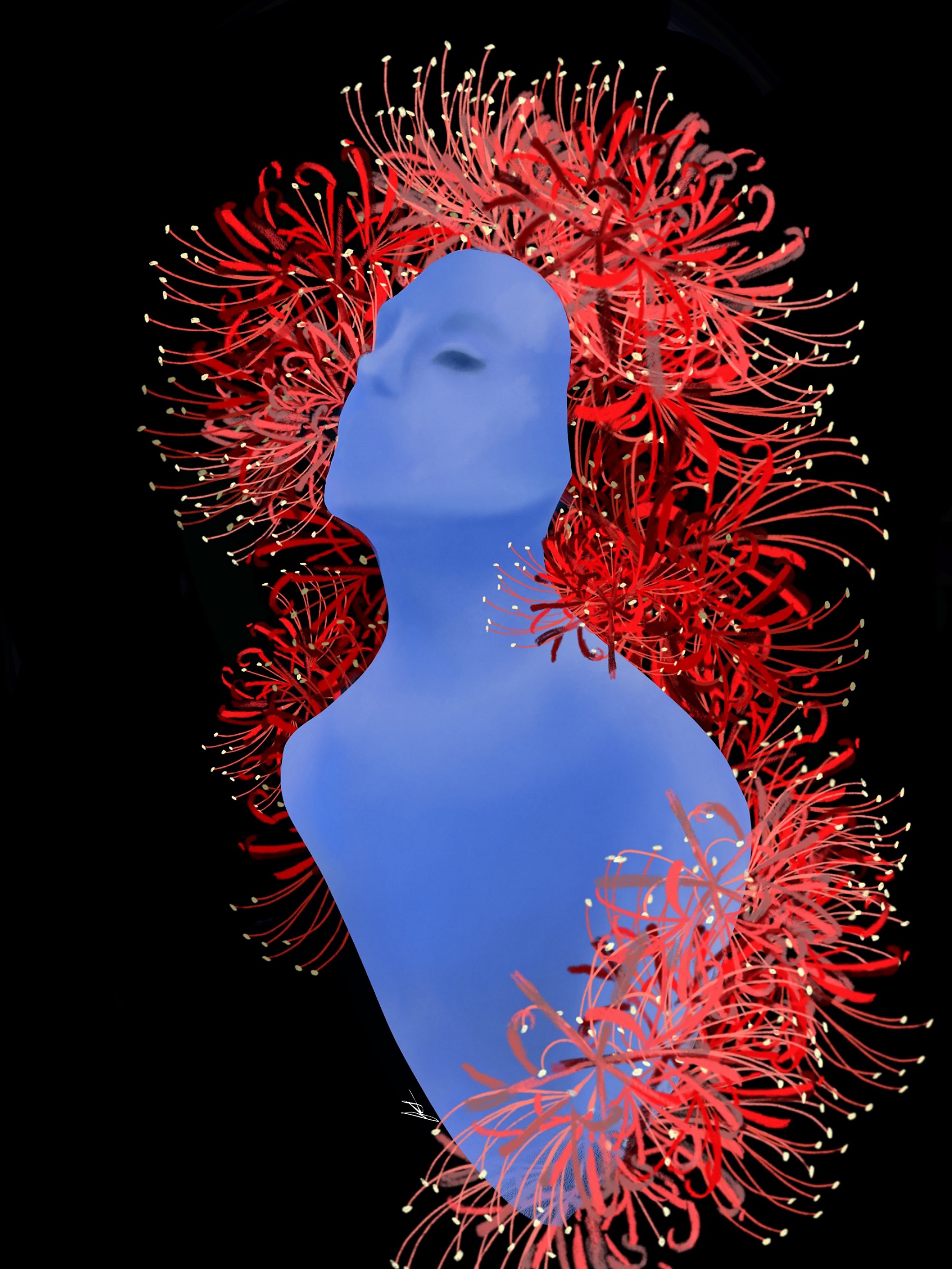 PICTURED: An illustration of a blue torso and head covered in red tendrils.