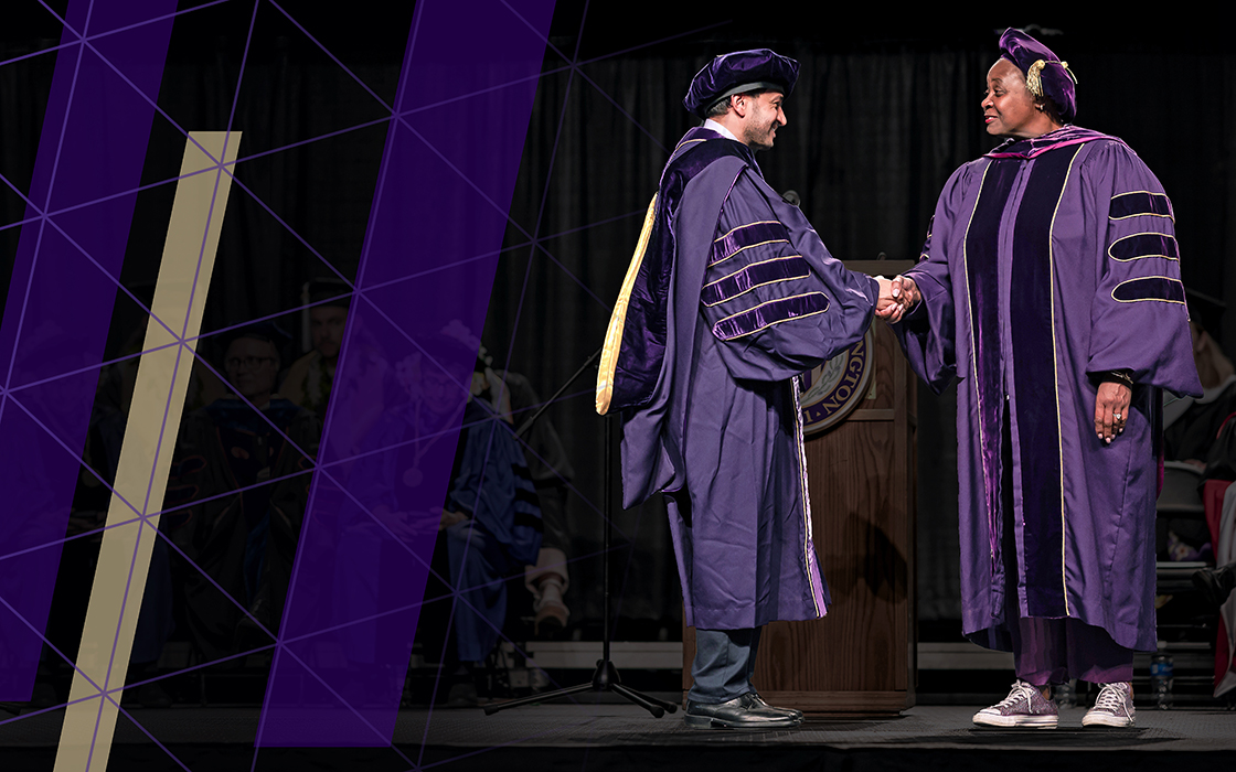 UW Tacoma Ph.D. Candidate Abdulrahman Salama shaking hands with UW Tacoma Chancellor Sheila Edwards Lange.