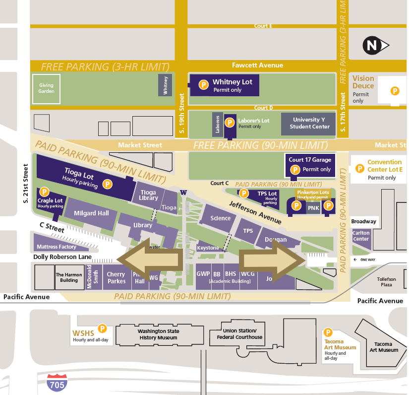 UW Tacoma campus parking map with arrows pointing to the two locations with disability permit stalls.