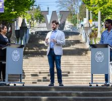 UW Tacoma debate team on Grand Staircase.