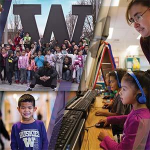 Collage of primary school children on the UW Tacoma campus