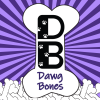 The DB Logo is a white bone, standing vertically, with the D and B large in the middle of the bone written in black, with Dawg Bones written underneath in purple.  The Large bone is standing on top of a pile of bones at the bottom of the image.  The background is interlocking rays of dark purple and light purple reaching out from the center.